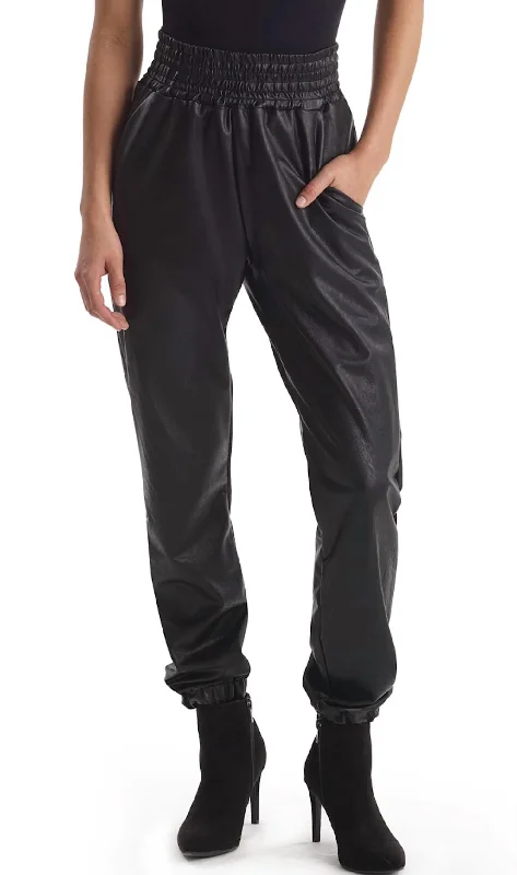 Faux Leather Jogger With Elastic Waist & Hem In Black