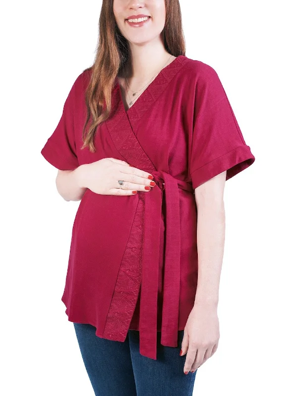 Maternity & Nursing Embroidered Blouse - Kimono Sleeves