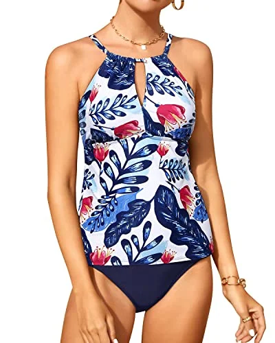 Women's Two Piece Tankini Swimsuit Keyhole And Triangle Bottom-White And Blue Floral