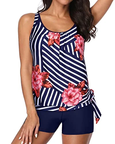 Women's Blouson Tankini Top Shorts Tummy Control Loose Fit-Blue Floral