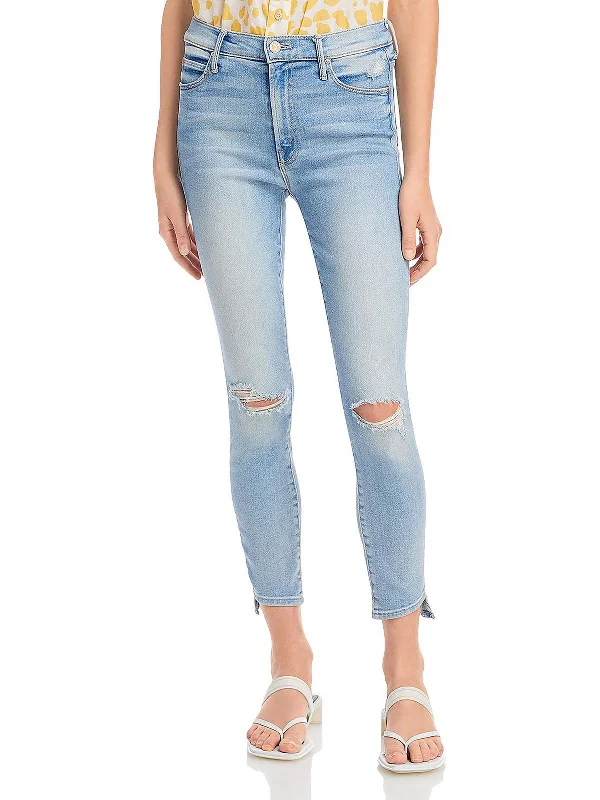 Womens Distressed Frayed-Hem Ankle Jeans