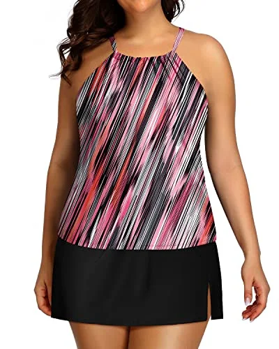 Women Plus Size Tankini Skirt Tummy Control Bathing Suits-Pink Stripe