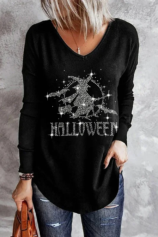 Black Halloween Witch Rhinestones Solid V Neck Shift Casual Long Sleeve Top